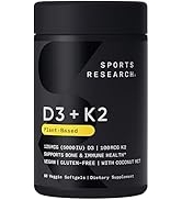 Sports Research Vitamin D3 + K2 with 5000iu of Plant-Based D3 & 100mcg of Vitamin K2 as MK-7 Non-...